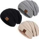 Womens Beanies for Winter 3 Pack, Slouchy Beanies for Women Oversized Knit Warm, Winter Hats for Women Thick for Cold Weather (Black+oatmeal+dark Gray)