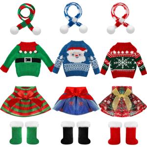 12 Pcs Christmas Doll Accessories Clothes Christmas Doill Costume Mini Outfit Include Knitted Sweater Skirt Scarf Snow Boots for Xmas Decor (Exquisite)