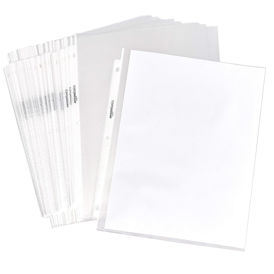Amazon Basics Sheet Protectors for 3 Ring Binder, Non-Glare, Top Loading, Letter Size 8.5 x 11 in, Clear Plastic Sleeves, 100-Pack