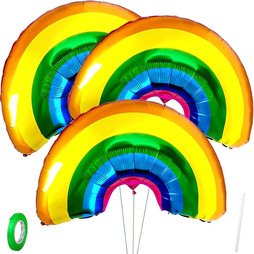 Jumbo Rainbow Foil Balloons 34 Inch 3Pcs Set, Premium Metallic St Patrick's Day Birthday Decorations Complete Kit, for Eye-Catching Balloon Arch Garland Backdrop Party Festival Decor