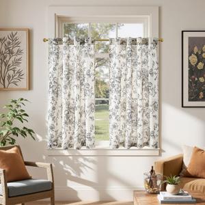 jinchan Linen Floral Tier Curtains 45 Inch Farmhouse Botanic Cafe Curtains Light Filtering Drapes for Small Windows Back Tab Half Window for Kitchen Living Room Bathroom 2 Panels Black