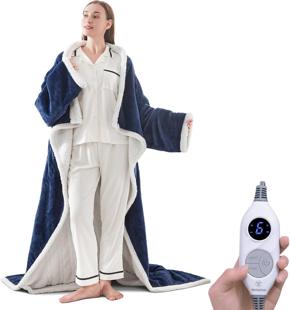 Westinghouse Electric Snuggle Throw Blankets with Foot Pocket, Wearable Heated Blanket with Sleeves, 6 Heating Levels & 2 to 10 Hours Heating Time Settings, 50 * 70"+18" (Navy Blue & Ivory)