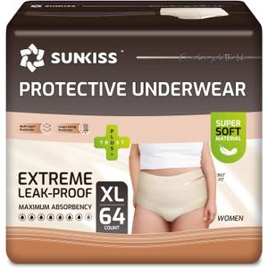 SUNKISS Women Incontinence Underwear, Daytime Disposable Postpartum Adult Panties, Protective Pull Ups with Maximum Absorbency, XLarge, Beige, 64 Count