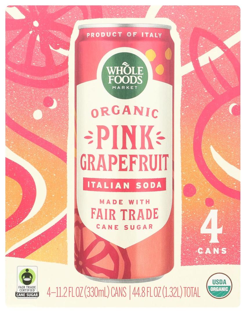 Whole Foods Market Organic Pink Grapefruit Italian Soda, 11.2 Fl Oz, 4 Pack
