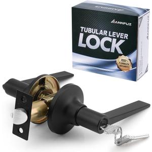 ANNFUZ Entrance Door Handle Lock with Keys,Not Keyed Alike,Reversible Door Lever with TurnThumb Locking for Right & Left Side,for Interior Front Door,Office,Bedoom (Classic,Entry, Matte Black)