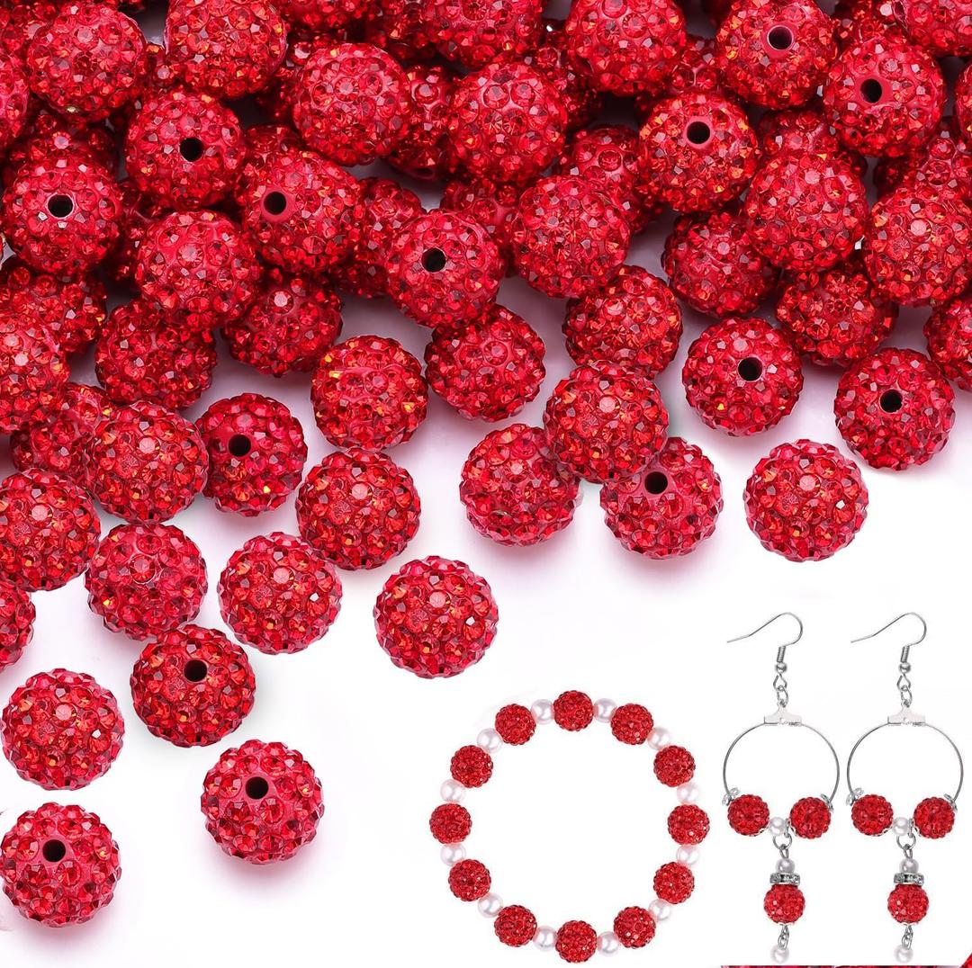 150 pcs 10mm Rhinestone Beads for Jewelry Making, Red Shiny Round Shamballa Disco Beads Bulk, Sparkle Crystal Clay Christmas for Bracelet Baseball Necklace Earring Crafting and DIY