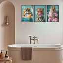 3Pcs Funny Tiger Bathroom Canvas Wall Art Trendy Preppy Tiger Bathroom Wall Decor Prints Fashion Sunglasses Animal Toilet Paintings Pictures for Washroom Toilet Home Decoration 16x24in Unframed