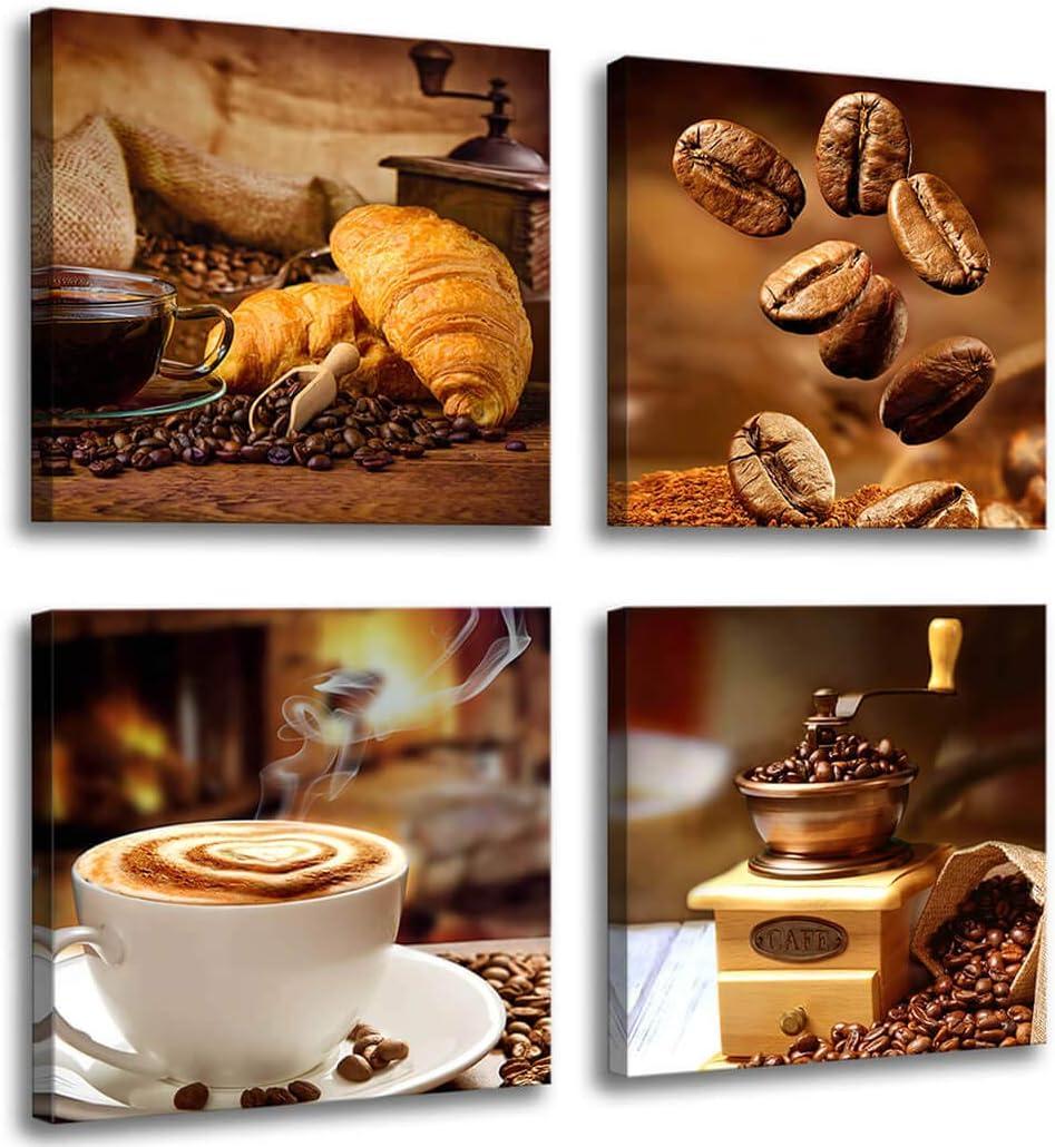 Coffee Theme Canvas Wall Art, Kitchen Decor Pictures, 4 Panel Set, BrownCanvas wall art prints - charming images of coffee cups, croissants, coffee beans and grinders