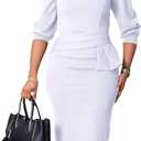 Womens Formal Church Midi Dresses Elegant Short Sleeve Bodycon Pencil Business Office Dress Outfits (Medium, White)