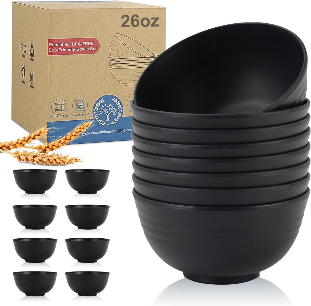 Wheat Straw Bowl Sets,8 PCS Unbreakable Cereal Bowls 26 OZ, Microwave and Dishwasher Safe Bowls, Alternative Plastic Bowl Reusable for Cereal, Salad, Snack, and Soup (Pure Black)