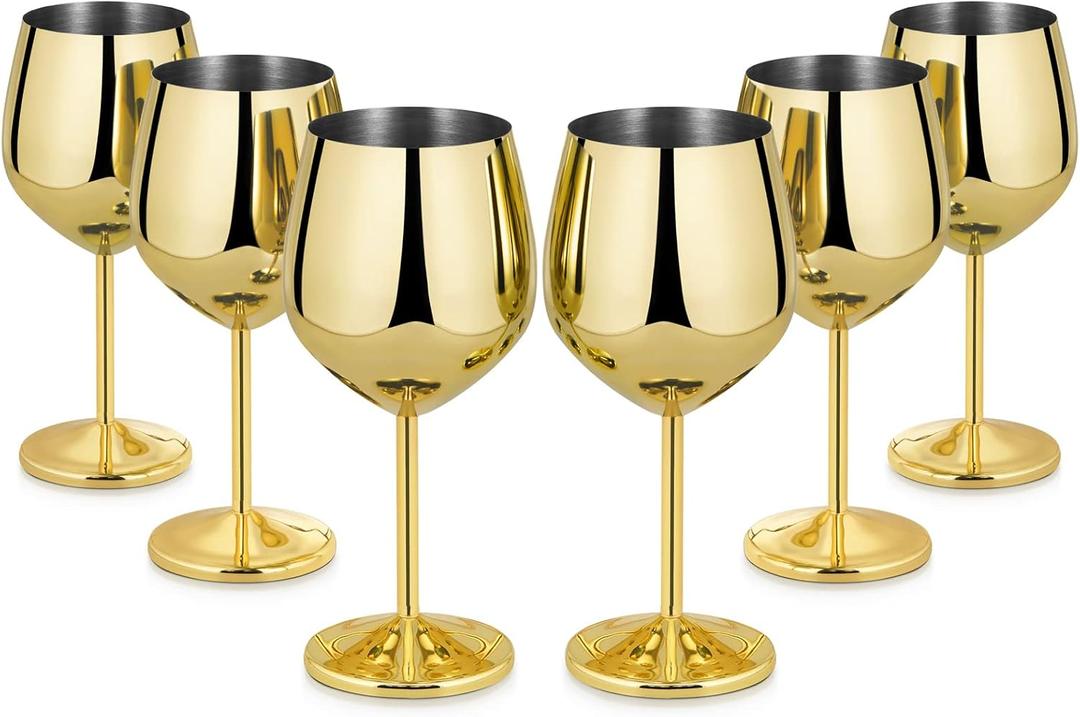 Lifecapido Stainless Steel Wine Glasses Set of 6, 18oz Stainless Steel Wine Goblets, Stemmed Metal Wine Glasses with Cup Brush for Party Office Wedding Anniversary, Great for Red White Wine (Gold)