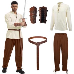 4 Pcs Men's Renaissance Costume Set Medieval Pirate Costume men Shirt and Pants Viking Costume Accessory L