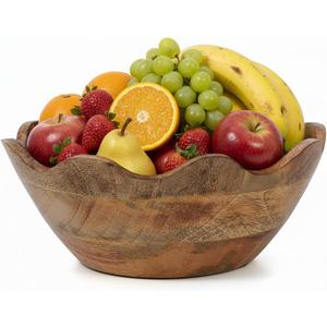 Mela Artisans Medium Scalloped Decorative Wooden Bowl | 10 Inch Mango Wood Fruit & Serving Bowl | Natural Grain Texture | Ideal for Kitchen Counter | Snacks | Desserts | Bread | Handcrafted Decor
