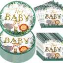 Umigy 100 Pcs Baby Shower Decorations Set for 50 Guests Baby Shower Paper Plates and Napkins for Gender Reveal Disposable Utensils Tableware Birthday Party Supplies(Safari Animals)