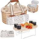 Picnic Basket Set for 4 - Wicker Insulated Picnic Basket with Waterproof Blanket, Folding Wine Picnic Table & Cutlery Kits, Picnic Baskets Kit for Camping, Outdoor, Valentine (Cherry)