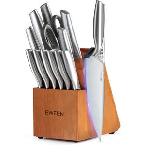 Knife Set, EWFEN 14-Piece Kitchen Knife Set with Block, German Stainless Steel Knives with Built-in Knife Sharpener, Anti-Slip Sharp Knives Set for Kitchen, Dishwasher Safe, Concave-dotted Handle