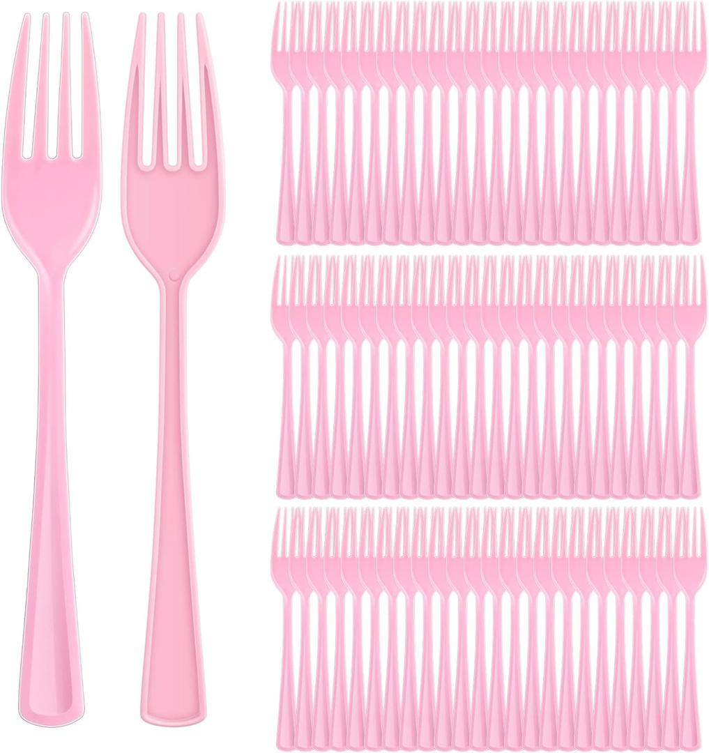 Roshtia 100 Pcs Pink Plastic Forks Pink Forks 7.3 Inch Heavy Duty Cutlery Utensils Sets for Graduation Party Favor Teacher Appreciation Birthday Wedding Color Theme Supplies