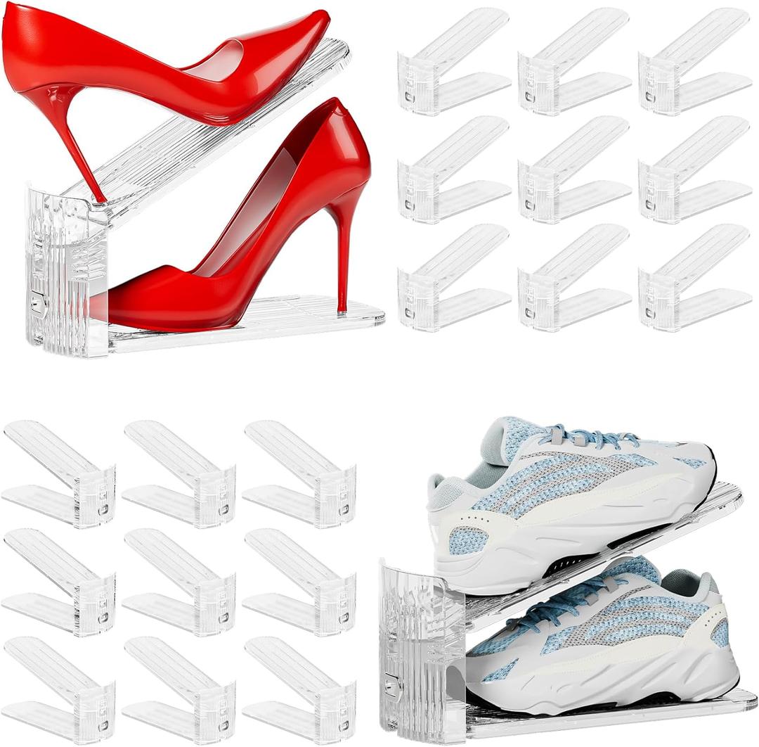 Neprock Shoe Slots Organizer for Closet, 20 Pack Acrylic Shoe Stackers Shoe Rack Holder, 3 Levels Adjustable Thickening Shoe Display Shoe Storage 50% Space Saving Zapateras Organizer (Clear,20 Pack) (Transparent)