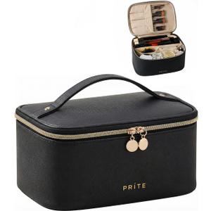 Prite Makeup Bag, Large Capacity Portable Travel Cosmetic Bag, Waterproof Makeup Organizer for Women with Handle and Divider (001 Black)