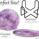 Purple Agate Marble Round Coasters Set of 6 - Abosrbent Ceramic Coasters with Metal Stand for Drinks, Coffee, Non-Slip Cork Back for Tabletop Protection, 4 Inches Marbled Pattern (Marble)