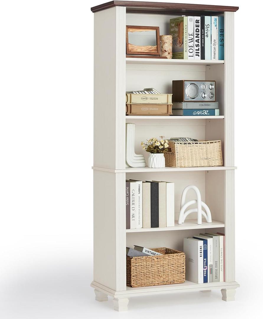 70" Tall White Bookshelf,5 Tier Wood Book Shelf with Adjustable Shelves & Wood Legs,Free Standing Farmhouse Bookcase with Open Display Storage,Vintage Kids Bookshelves for Nursery,Bedroom 70" Tall White Bookshelf,5 Tier Wood Book Shelf with Adjustable Shelves & Wood Legs,Free Standing Farmhouse Bookcase with Open Display Storage,Vintage Kids Bookshelves for Nursery,Bedroom