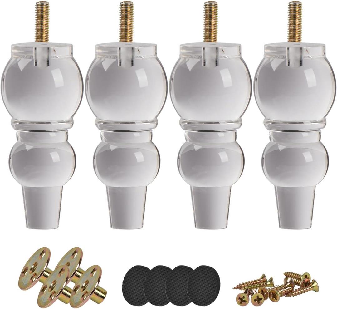 6 inch Acrylic Furniture Legs, 2Pcs Turned Clear Glass Bun Feet with Threaded M8 Hanger Bolts & Mounting Plate & Screws for Sofa Couch Cabinet Bed