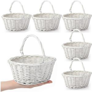 Barydat 6 Pcs Small Wicker Picnic Basket with Handle Flower Girl Baskets Oval Willow Woven Braided Gift Basket for Easter Weddings Baby Shower Home Garden Decor (White,9" x 7" x 4")