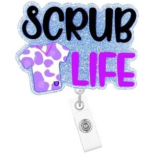 Pack Of 5 Arakulago Scrub Life Nurse Badge Reel Retractable Nursing Student Badge Holder with ID Clip Accessories Funny Medical Assistant RN CNA Glitter Silver Acrylic Name Badge Clip Hospital Doctor ID Card