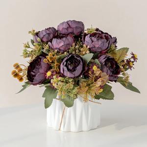 Hbluefat Faux Flowers with Vase,Artificial Silk Flowers in Ceramic Vase,Small Fake Flower Arrangement for Home Office Kitchen Bathroom Coffee Dining Table Centerpiece Decor (Dark Purple,Chrysanthemum)