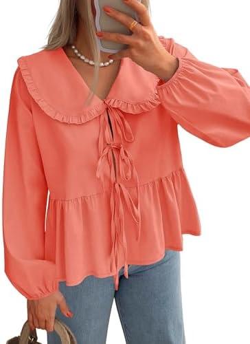 ZESICA Women's Tie Front Peplum Tops Long Puff Sleeve Lapel Collar Cute Babydoll Blouses Shirts L