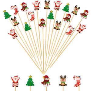 240 Counts Christmas Cocktail Picks Christmas Tree Snowflake Snowman Santa Claus Reindeer,4.7in Bamboo Cocktail Toothpicks Fruit Food Appetizer for Christmas Party Decorations 2024