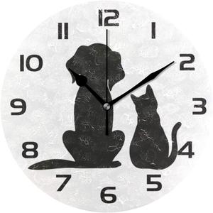 Qilmy Dog and Cat Wall Clock Silent Non Ticking Oil Painting Round Clock for Living Room Bedroom Bathroom Home Decor