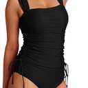 Pink Queen Women's 2 Piece Tankini Bathing Suit Tummy Control High Waisted Bikini Bottom Ruched Drawstring Swimsuit (X-Large, Black)