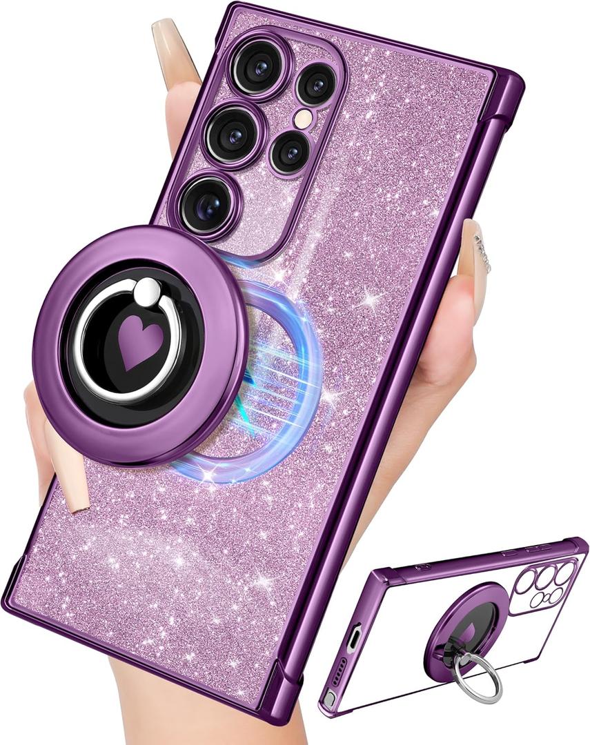 for Samsung Galaxy S23 Ultra Case - Women Glitter Bling Compatible with MagSafe Ring Stand Magnetic Phone Case Cute Girls Sparkly Girly Luxury Elegant for Samsung S23 Ultra Cases - Purple