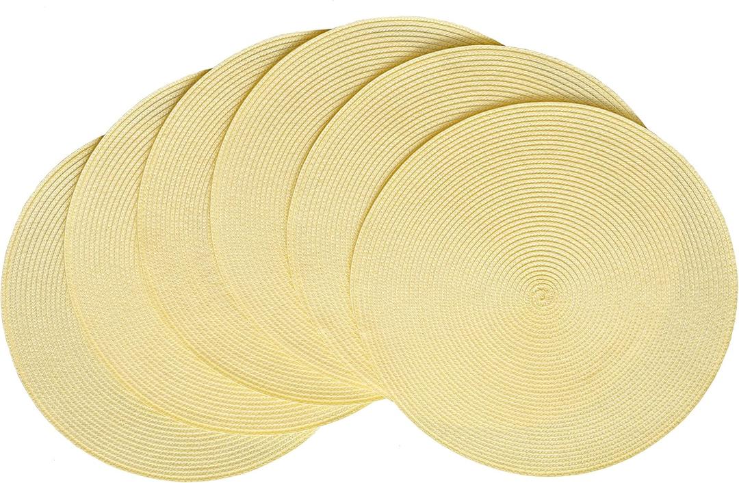 HODJOY Round Placemats Set of 6, Table mats for Indoor and Outdoor Dining Tables, Washable Woven Non-Slip Placemats 15inch (Straw Yellow)