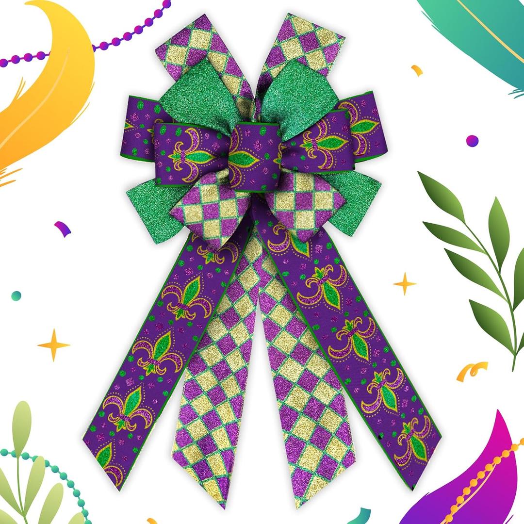 Hying Large Mardi Gras Bows for Wreath, Mardi Gras Fleur de Lis Wreath Bows Glitter Purple Plaid Bows Fat Tuesday Tree Bows Ornaments for Front Door Home New Orleans Carnival Decorations