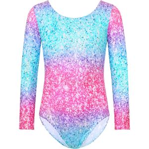 Gymnastics Leotard for Girls Long Sleeve Tumbling Outfit Sparkly Athletic Dance Bodysuit Size 2-12 Years Old (3-4T, Green Pink)
