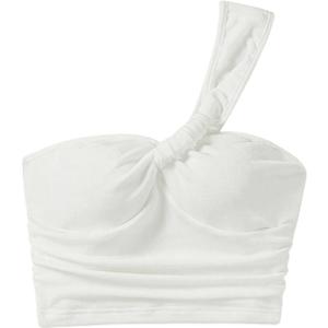 SOLY HUX Women's One Shoulder Tank Top Sleeveless Ruched Going Out Summer Crop Tops (White, S)
