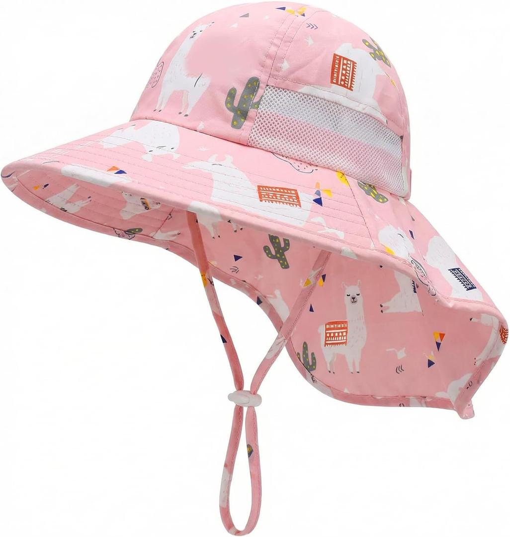 Kids UPF50+ Protection Sun Hat with Neck Flap Wide Brim, Ponytail Beach Summer Bucket Hat for Girls Boys (Pink)
