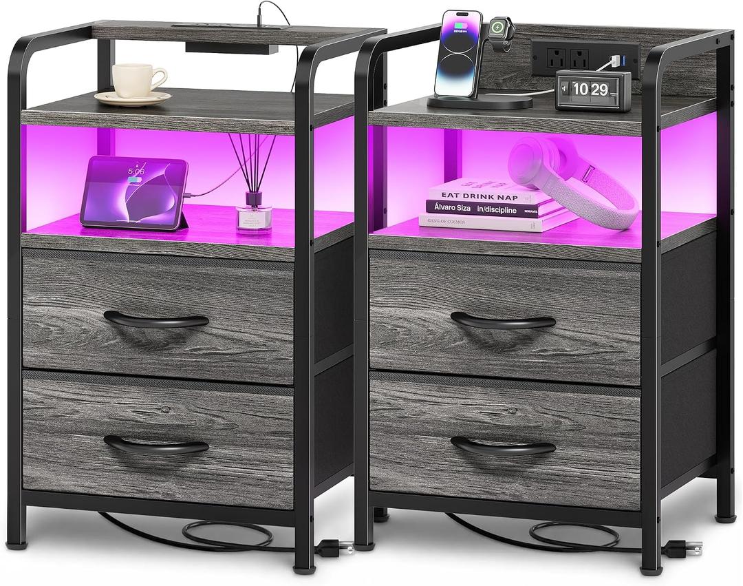 Huuger Nightstands Set of 2, Night Stand with LED Lights, Charging Station