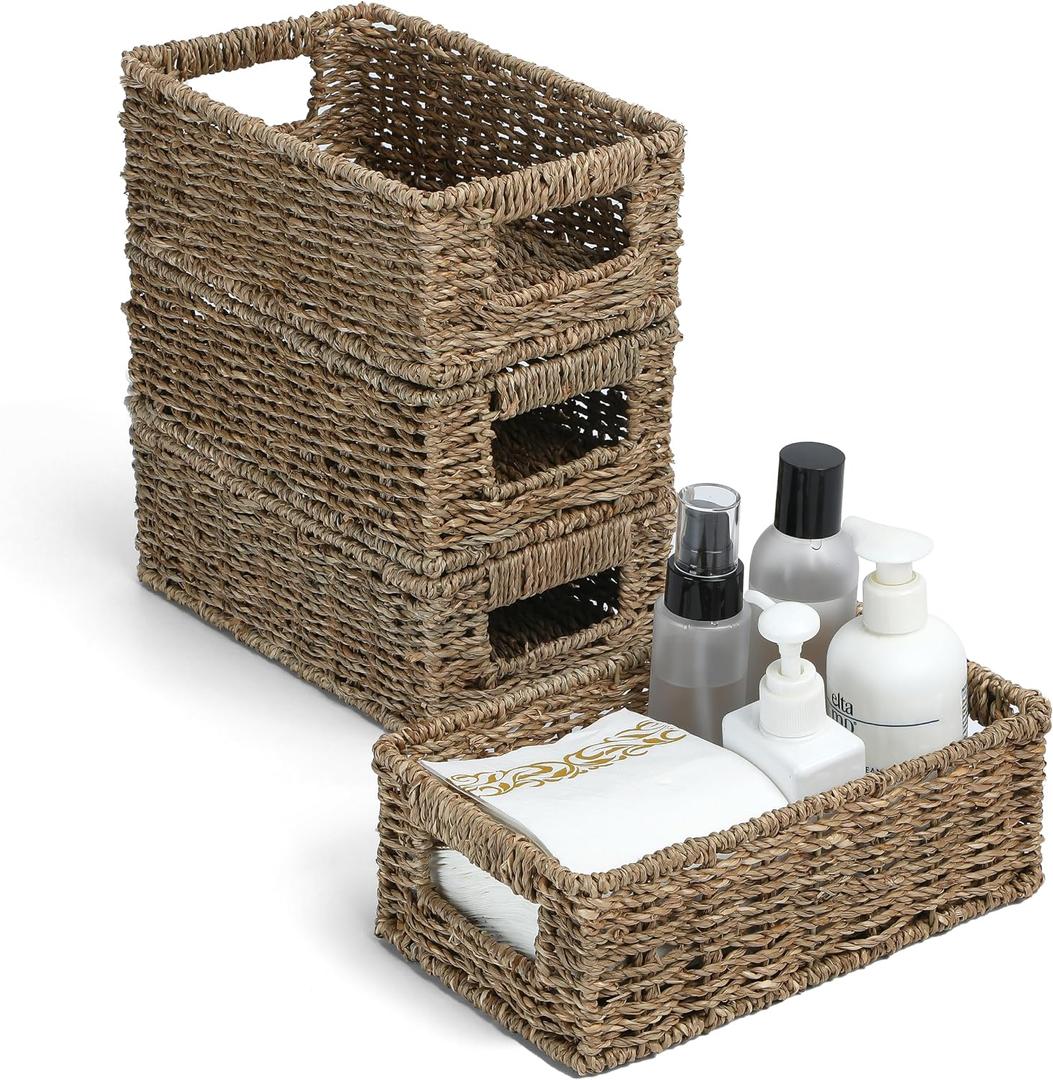 4 Small 3.6 QT Seagrass Wicker Baskets for Shelves, 10" Long Woven Pantry Organizers and Storage Basket, Decorative Rattan Shallow Rectangle Baskets for Organizing Countertop Kitchen