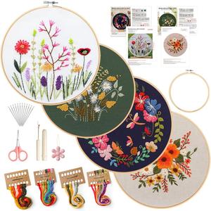 4 Pack Embroidery kit for Beginners Adults DIY Starter Kit, Cross Stitch Kits with Flower Stamped Patterns, Embroidery Hoop, Tools,Colorful Threads,Step by Step Instructions,Hand Craft Lover Gift (8 inches x 8 inches)