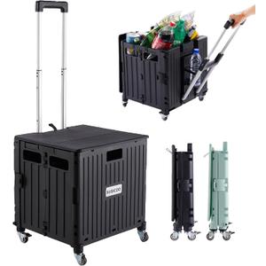 SUBICOO Folding Utility Cart Portable Rolling Crate Handcart Shopping Trolley Collapsible Tool Box, with Lid, on 4 Rotate Wheels, for Grocery, Shopping, Office, Teacher, Camp(Black)