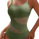 Blooming Jelly Women's Sexy One Piece Bathing Suits One Shoulder Swimsuits Slimming Mesh Swimwear (Large, Army Green)