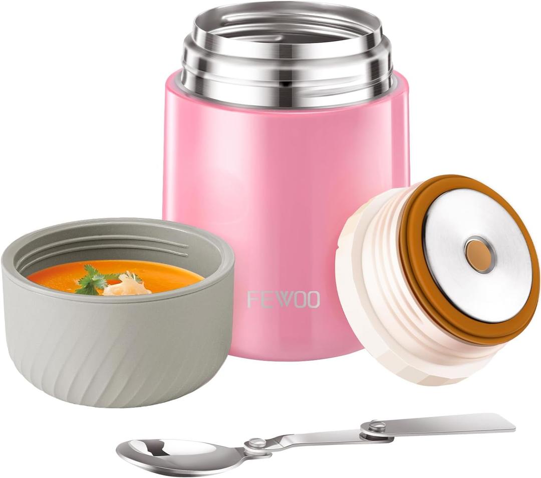 FEWOO Food Jar - 20oz Vacuum Insulated Soup Container, Stainless Steel Lunch Box for Kids Adult, with Folding Spoon for Hot or Cold Food (Pink)