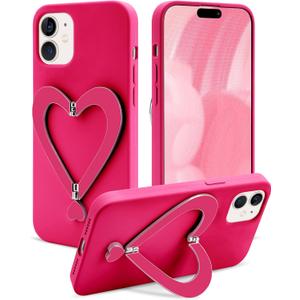 Jusy Case for iPhone 13, Cute Heart with 3D Heart Stand Slim Fit Liquid Silicone Soft Anti-Scratch Microfiber Lining Shockproof Protective Phone Cover for Girly Women Case - Hot Pink
