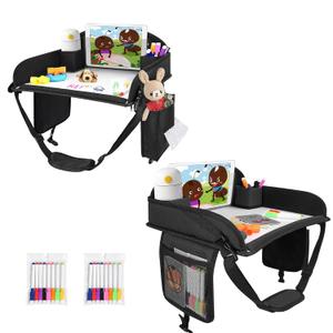 Travel Tray for Car Back Seat, 2-Piece Set Road Trip Essentials for Little Travelers, Portable Travel Tray for Road Trip with Dry Erase Board & Storage Organizer (Black)