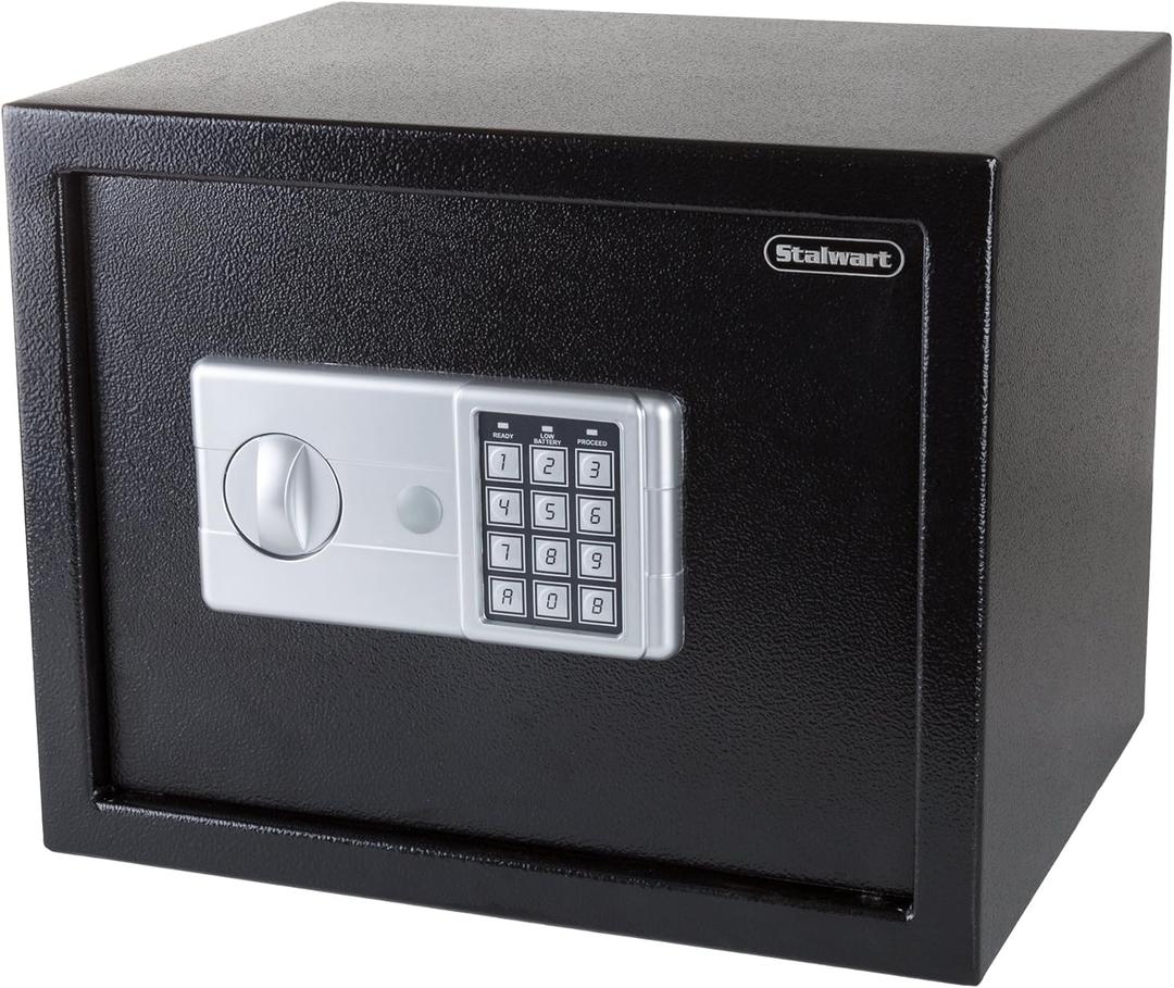 Digital Safe - Compact Steel Money Security Box with Electronic Keypad and 2 Manual Override Keys - Large Strongbox for Valuables by Stalwart (Black)