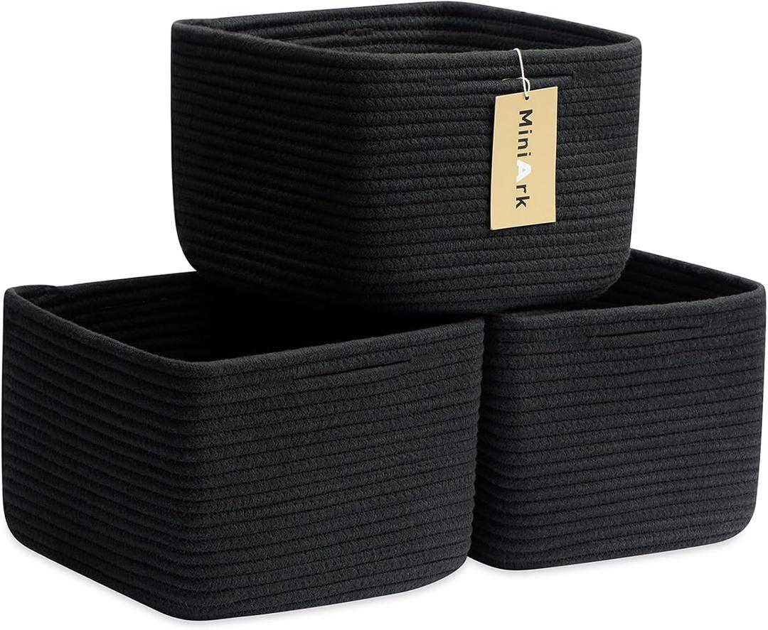 MiniArk Small Organizing Baskets for Cubes Shelf, 9.7x9.7x7.1 Inch Rope Woven Storage Bins for Nursery Shelves Storage, Cute Toy Basket, Square 3 Packs Black