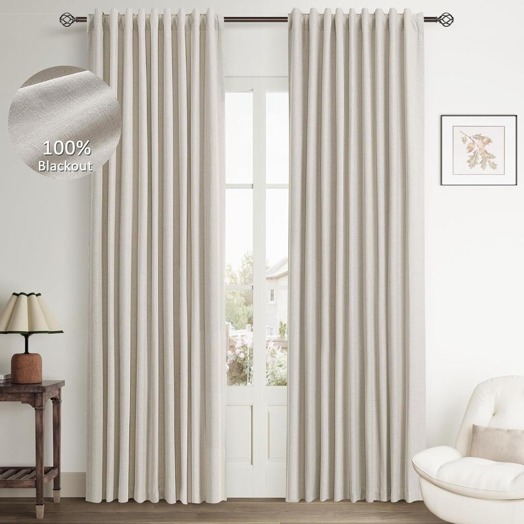 Hokibero Greyish Beige Linen Blackout Curtains 84 Inch Length 2 Panels Set for Bedroom Back Tab Pleated Look for Living Room Darkening Curtains Thermal Insulated Black Out Window Drapes Light Taupe